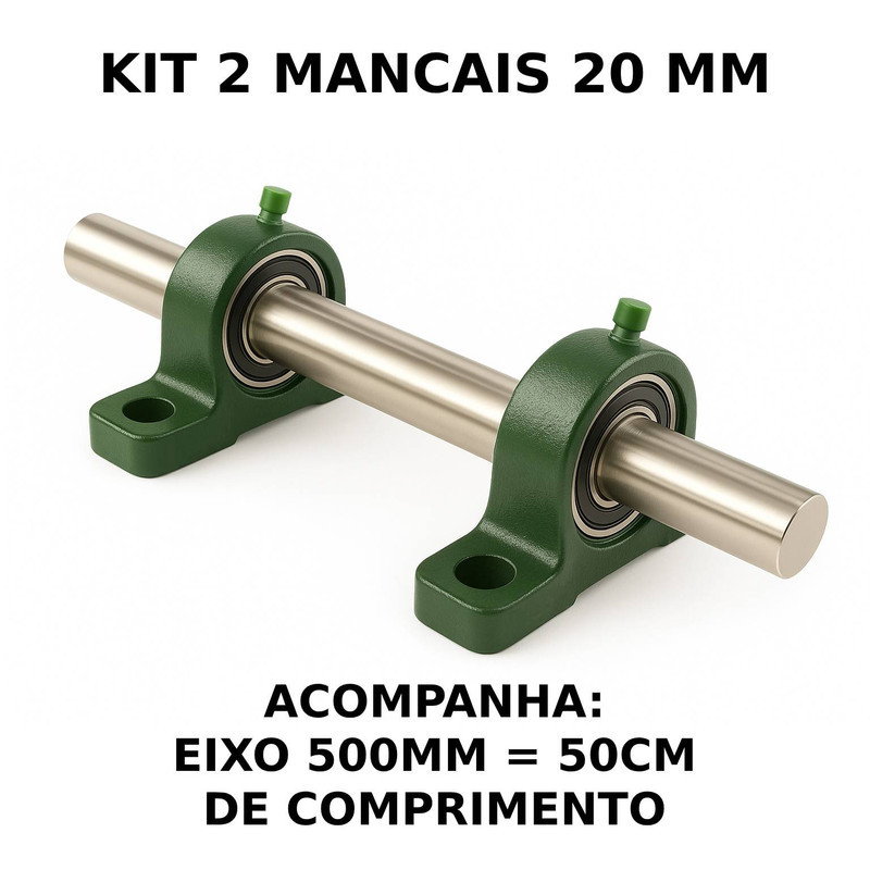 2 Mancal Pedestal P204 c/ Rolamento 20mm + Eixo 20mm X 500mm (2cm X 50cm) Kit Completo Robusto