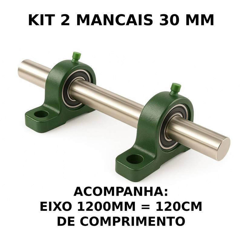 2 Mancal Pedestal P206 c/ Rolamento 30mm + Eixo 30mm X 1200mm (3cm X 120cm) Kit Completo Robusto