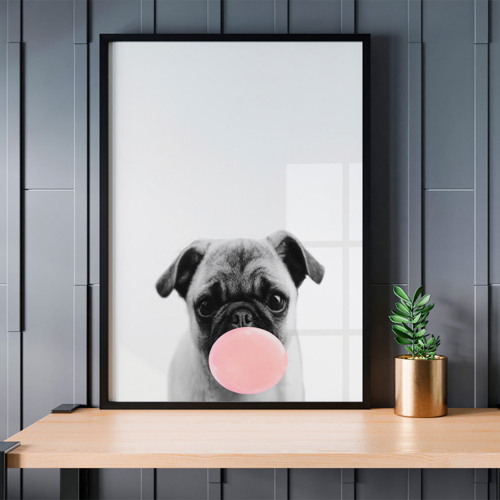 Quadro Grande Cachorro Pug Chiclete Pet Shop Sala Quarto Loja Moldura Vidro Decorativo Adolescente
