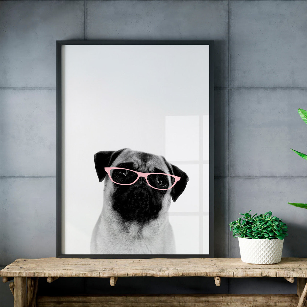 Quadro com Moldura Cachorro Pug Óculos PetShop Sala Quarto Loja Vidro Decorativo Adolescente