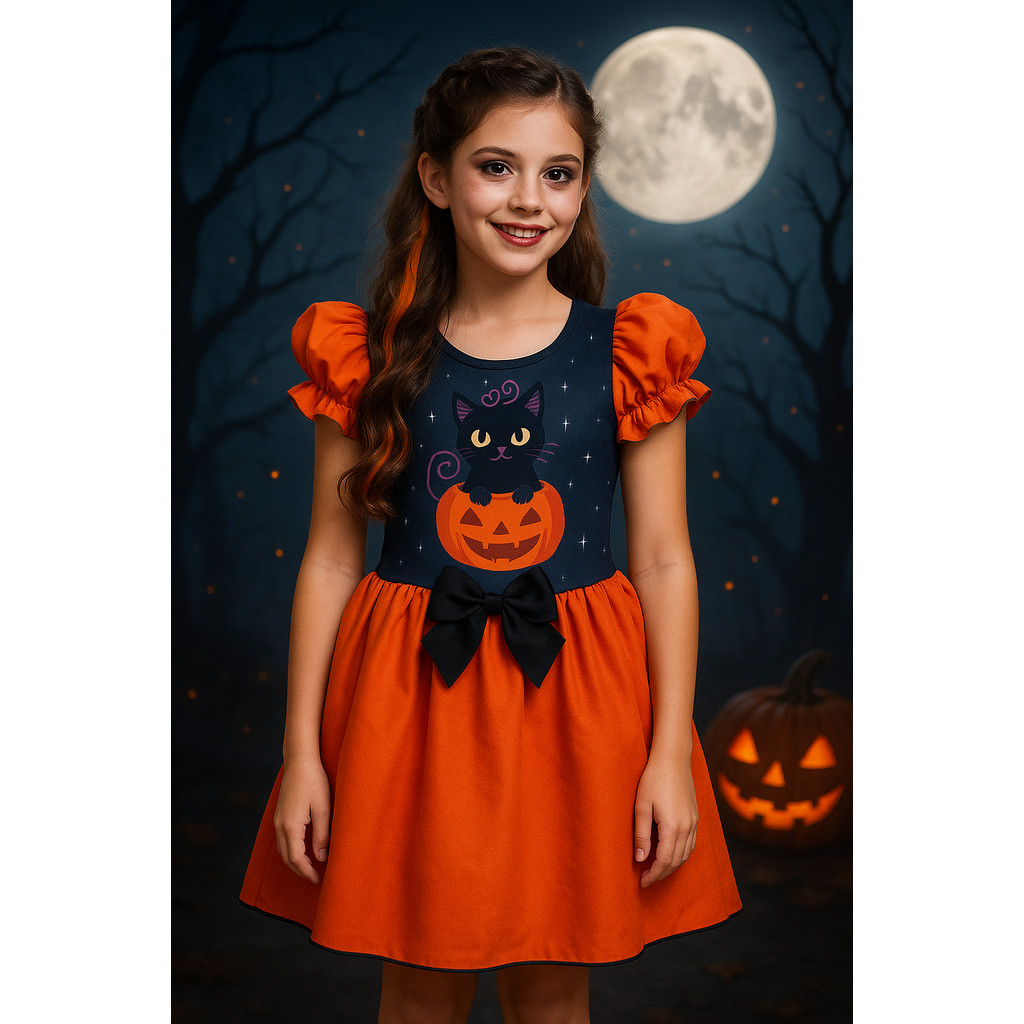 Vestido Infantil Gato Preto Fantasia Halloween