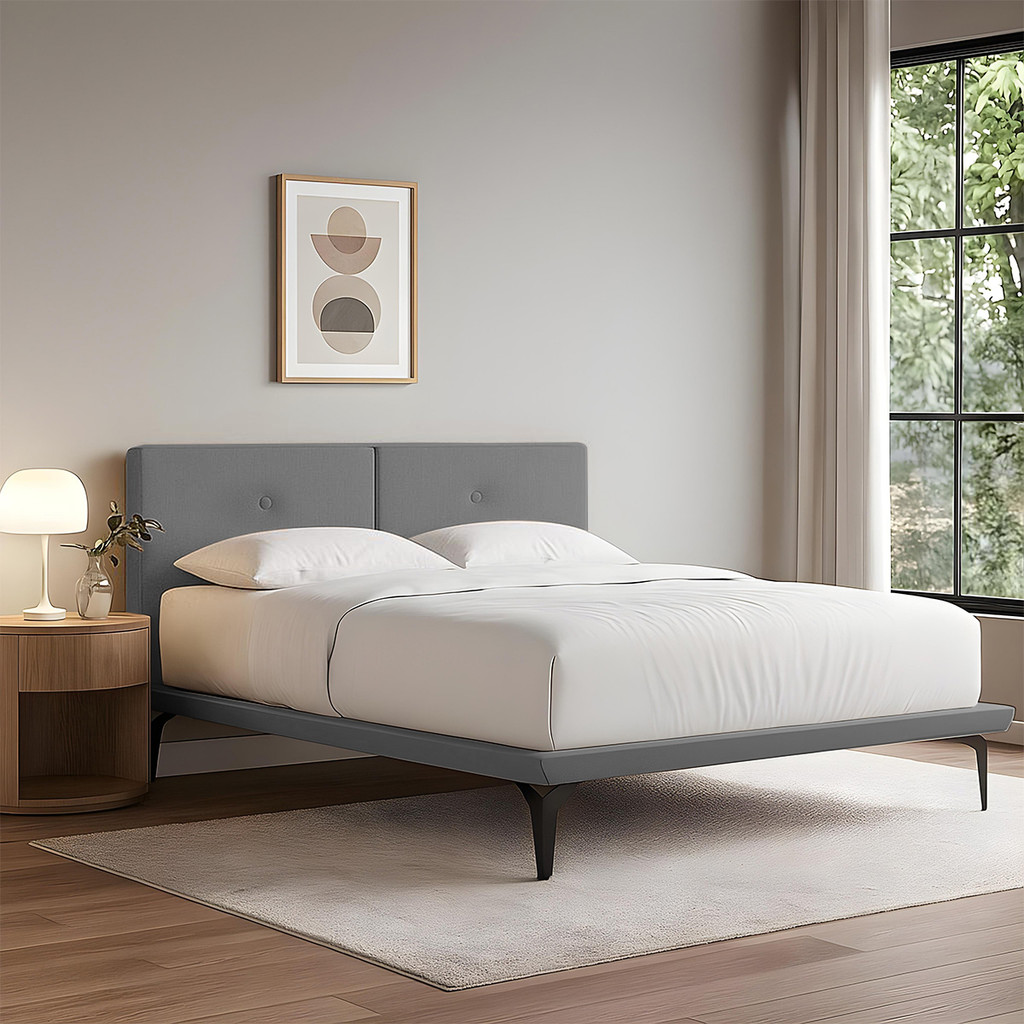Base Box Cama Japonesa Toquio Casal com Cabeceira Almofada Linho Cinza