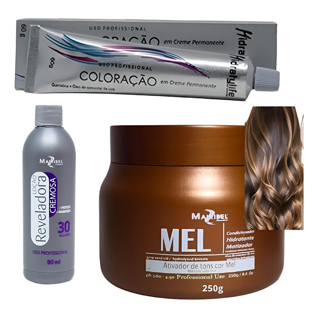 Kit Tinta De Cabelo Profission 1 Coloração 1 Ox 1 Matiz 250g mel