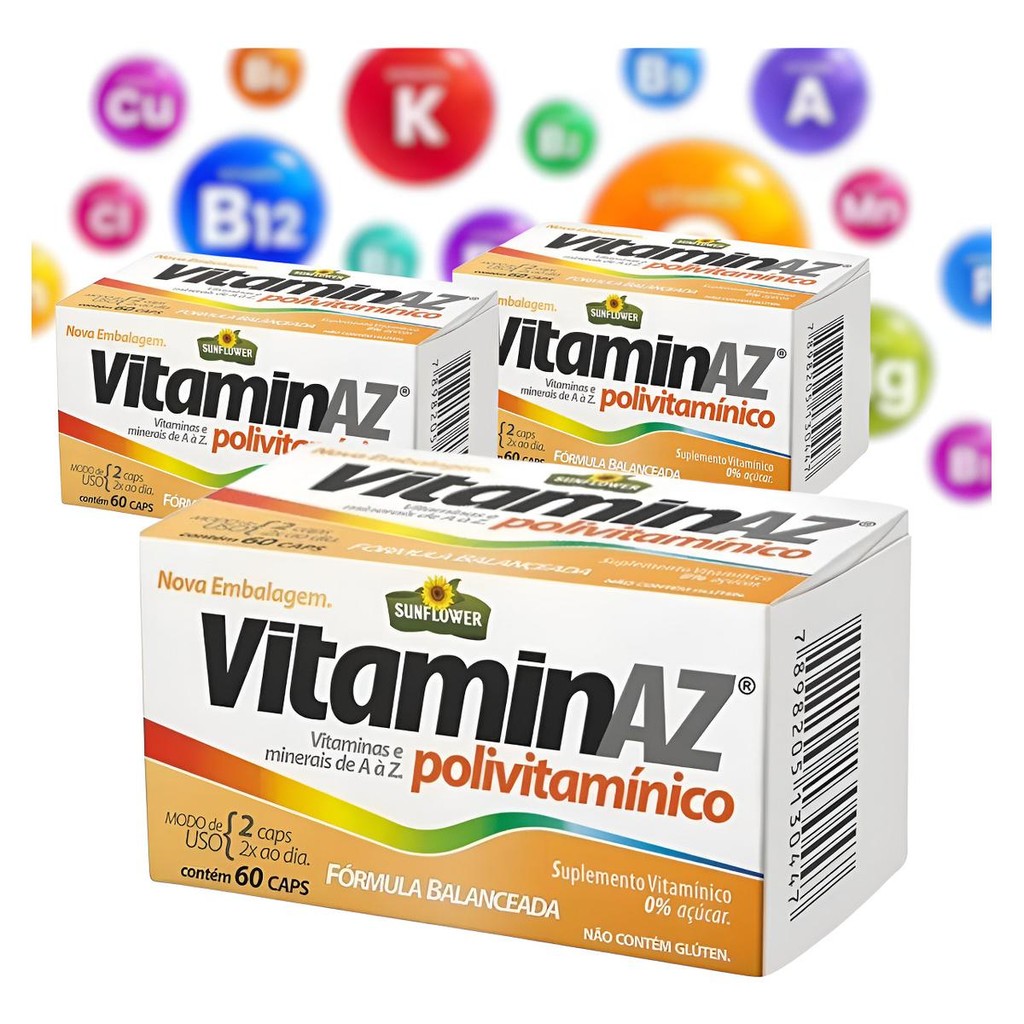 3 Vitaminaz Polivitamínico 650mg 60 Cápsulas - Sunflower