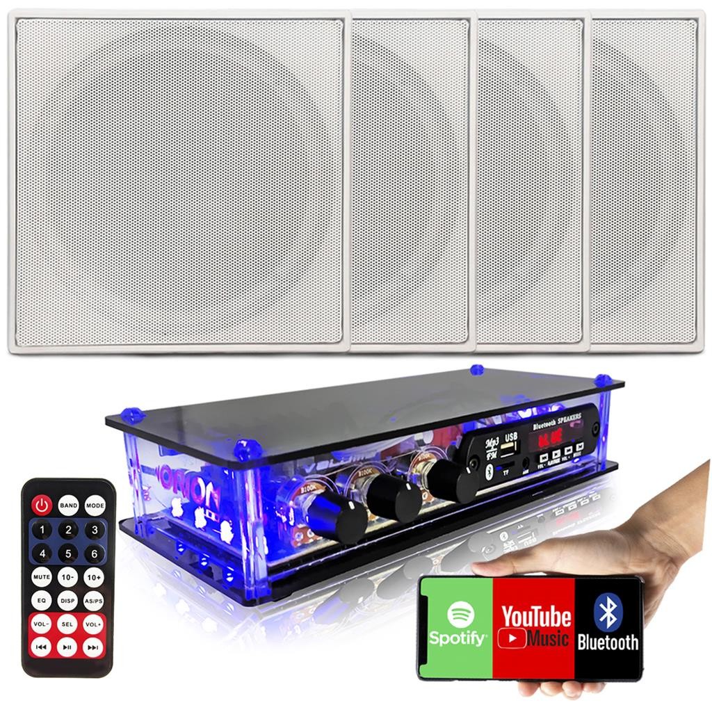Kit Som Ambiente 4 Caixas de Som Quadradas de Embutir Gesso Pvc+ Amplificador Bluetooth Usb 2 Canais