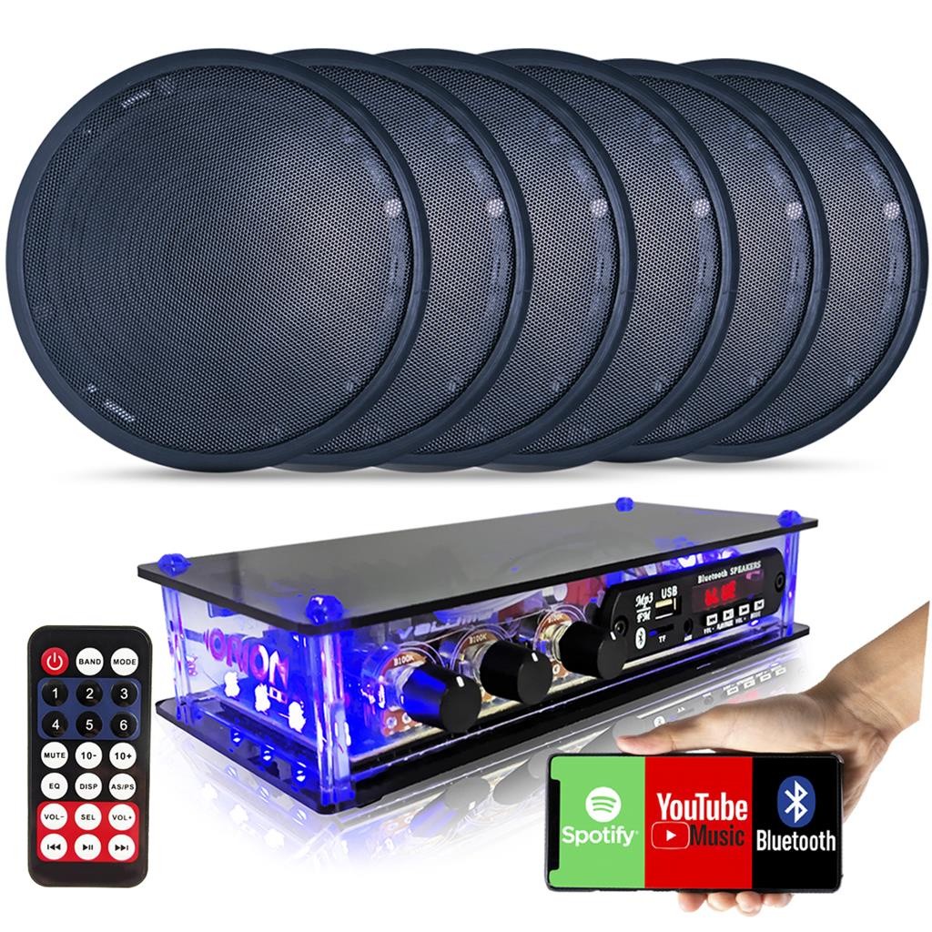 Kit Som Ambiente 6 Arandelas Pretas 6'' C/ Receiver Bt