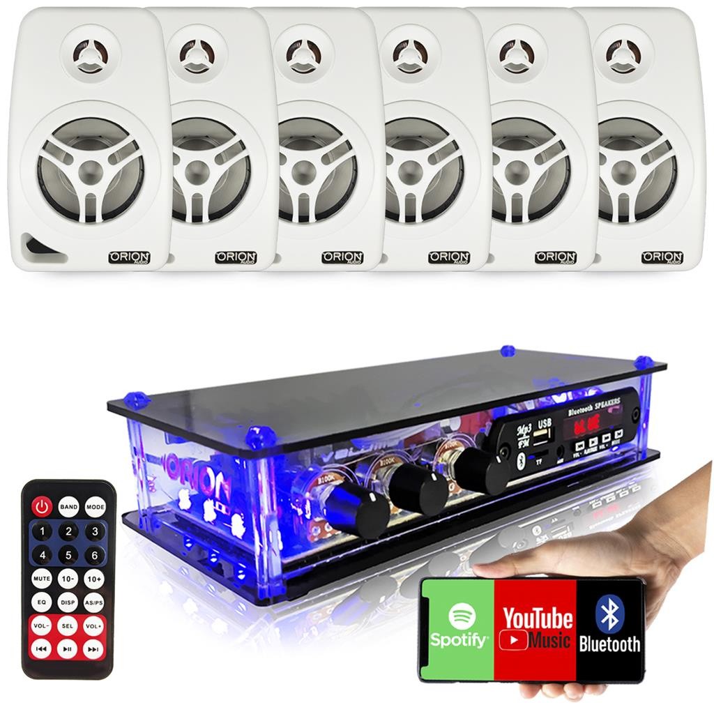 Kit Som Ambiente 6 Caixas Acusticas Brancas com Suporte + Amplificador Bluetooth Usb Aux 2 Canais Orion