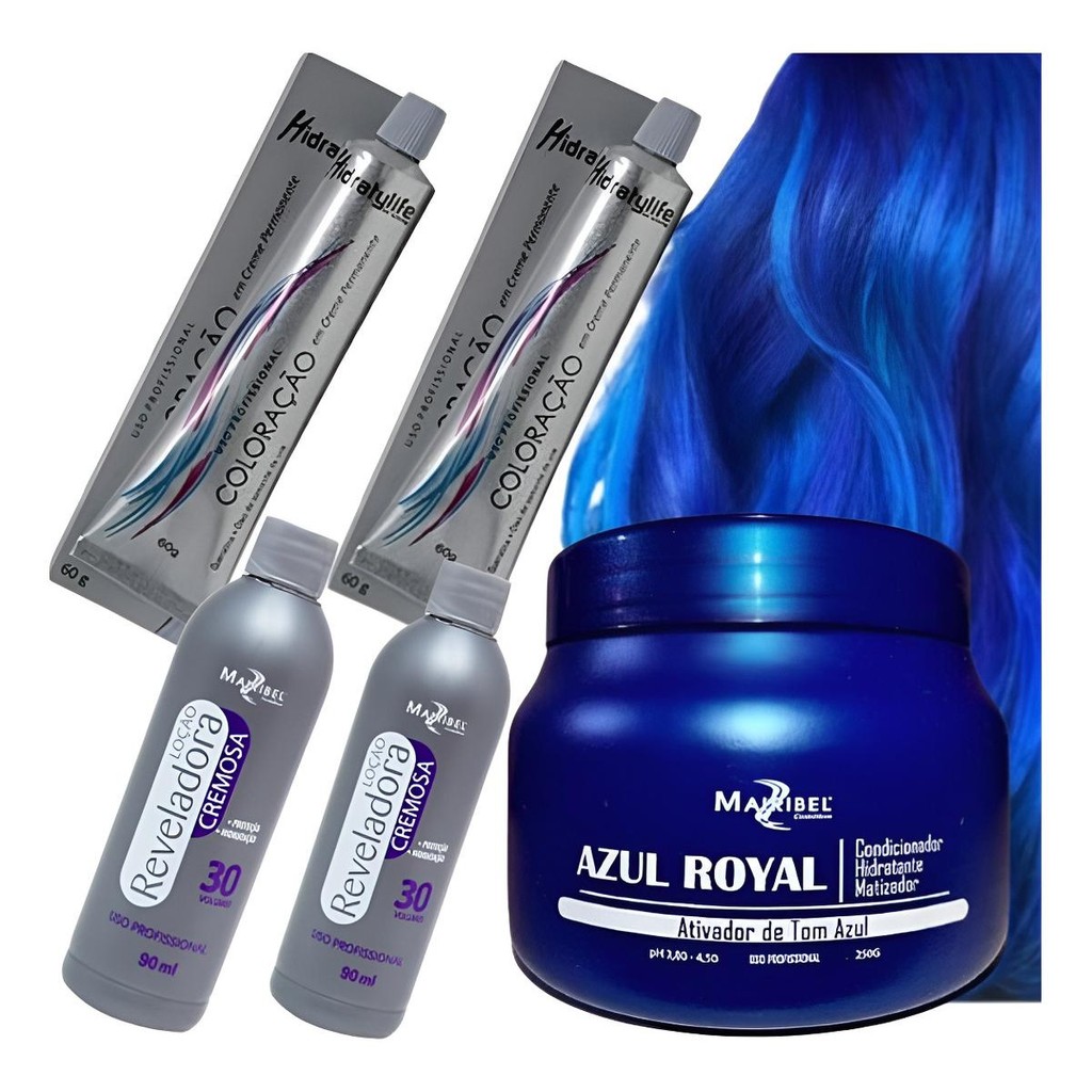 Kit Cabelo Azul Royal 2 Tinta 1 Matizador 250g 2 Ox 30 Volumes M