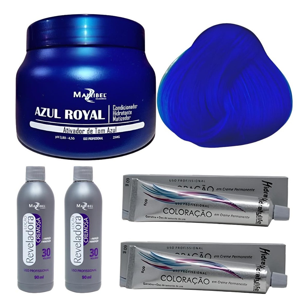 Kit Para Deixar Cabelo Cor Azul Royal 2 Colorações 1 Matizador + 2 Ox