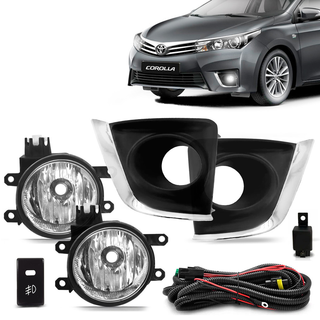 Kit Farol de Milha Toyota Corolla 2014 a 2017 Botão Modelo Original Moldura Cromada