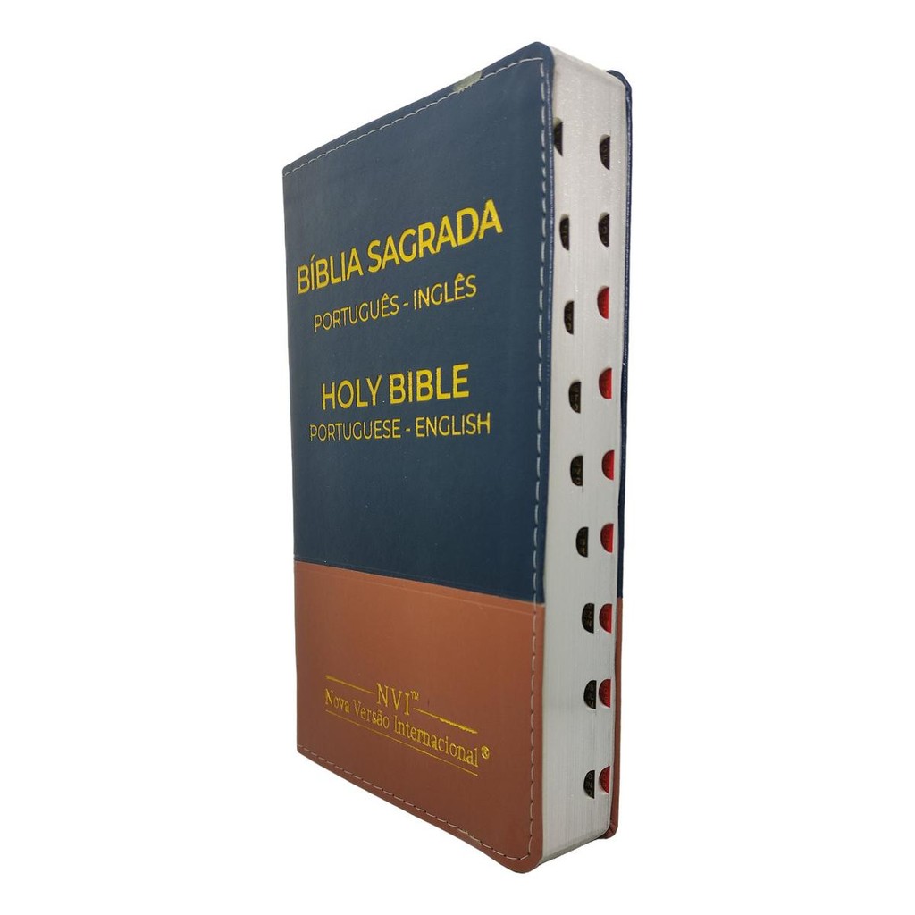Bíblia Sagrada Nvi | Bilingue | Inglês E Português | Índice Lateral | Capa Azul E Caramelo