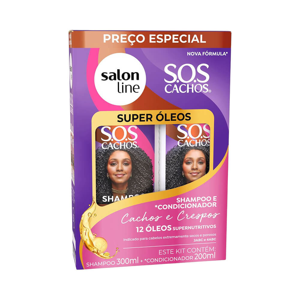 Kit Shampoo 300ml e Condicionador 200ml SOS Cachos Super Óleos Salon Line
