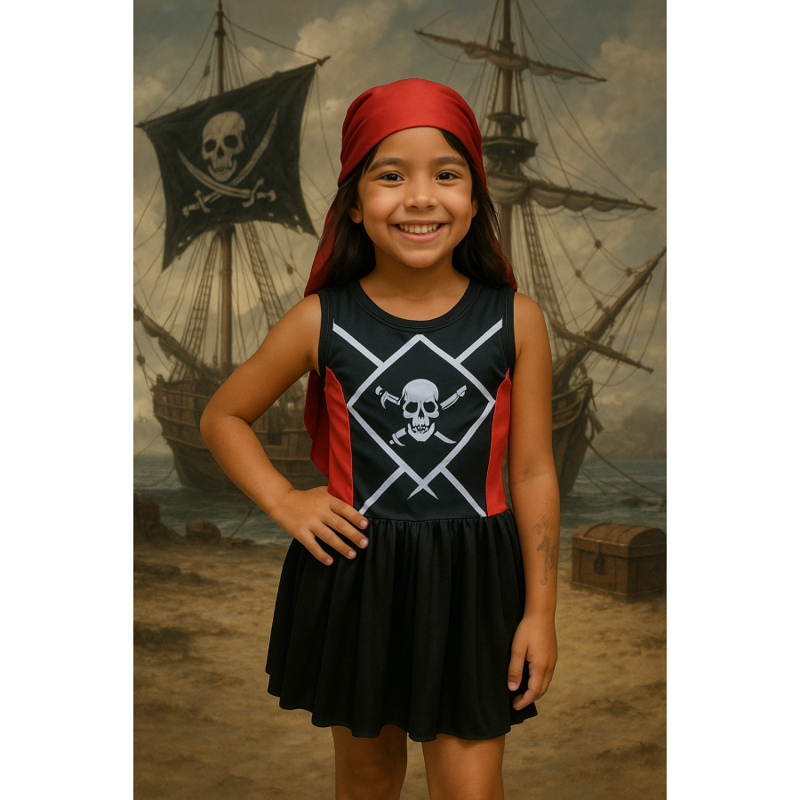Fantasia Infantil Pirata para Menina Vestido Preto Vermelho Carnaval
