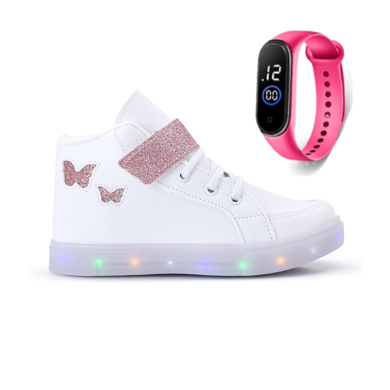 Tênis Botinha com Led para Meninas Confortável e Macio + Relógio Digital Infantil