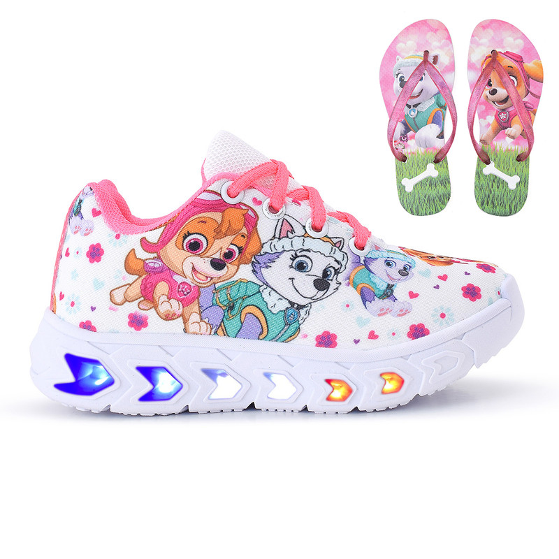 Kit de Calçados Infantis: Tênis de Led para Meninas Rosa Patrulha Canina + Chinelo de Dedo Feminino