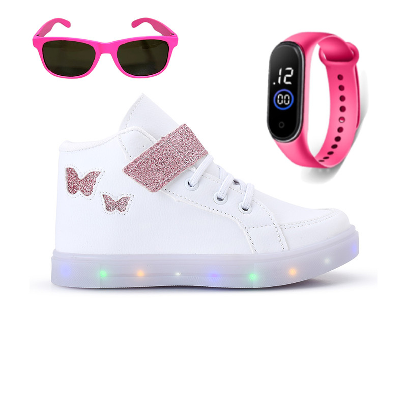 Conjunto de Tênis LED Infantil para Meninas Cano Alto + Relógio Digital e Óculos