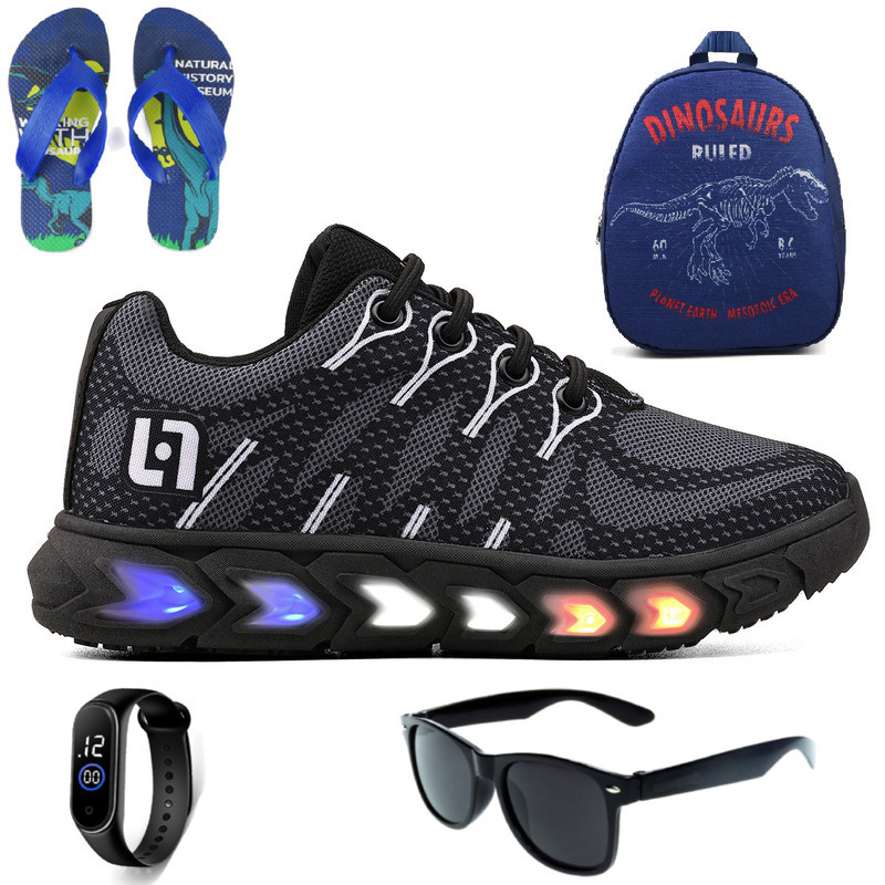 Kit de Escola e Passeios: Tênis com LED Confortável + Mochila + Chinelo + Óculos e Relógio