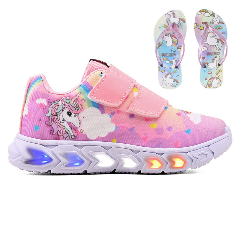 Conjunto Infantil Meninas: Tênis Unicórnio Calce Fácil de LED + Chinelo Macio e Leve