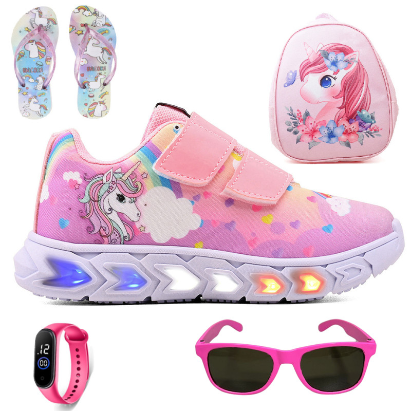 Kit Premium Infantil Meninas: Tênis Casual Unicórnio com LED na Sola + Mochila + Chinelo Leve + Relógio e Óculos