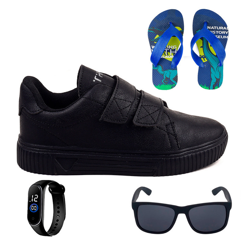 Kit Sapatênis Infantil Calce Fácil Básico e Casual + Chinelo de Dedo + Óculos e Relógio Digital