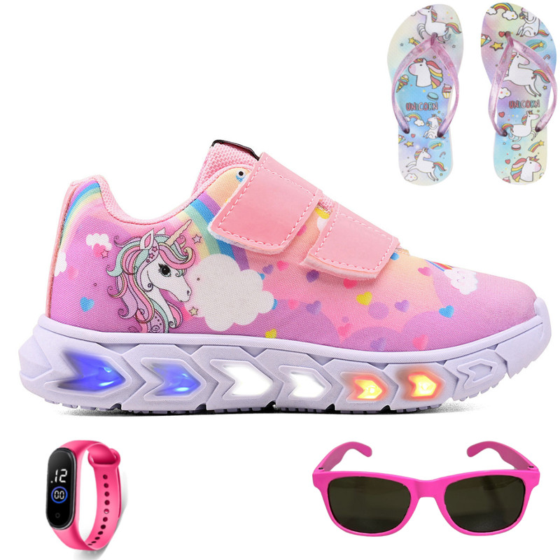 Tênis Infantil Unicórnio Calce Fácil com Led na Sola para Meninas + Chinelo Macio e Leve + Relógio Digital + Óculos