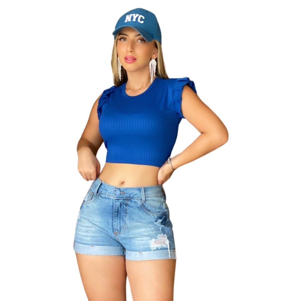 Blusa Cropped Feminina Canelada Manga Babado Tendência Fashion