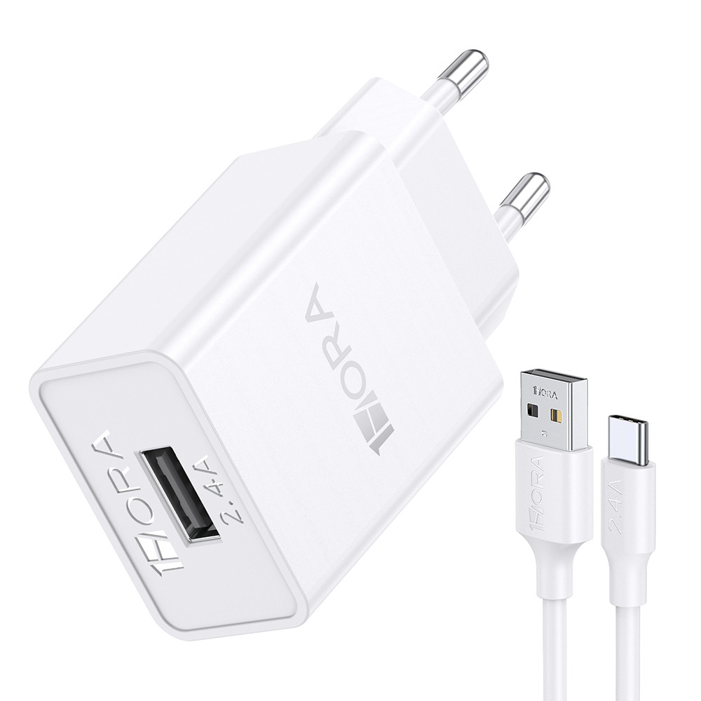 Carregador Parede 1Hora 2.4A + Cabo Usb Tipo A/C Branco