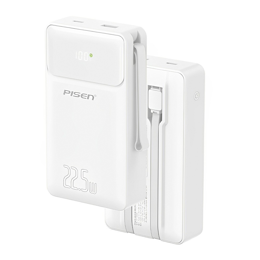 Power Bank 20000mAh Pisen 2 in 1 Cabo Usb C/Ios Branca