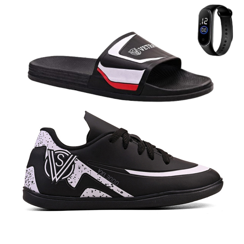 Kit Chuteira para Futsal de Salão Infantil + Chinelo Slide Macio + Relógio Digital