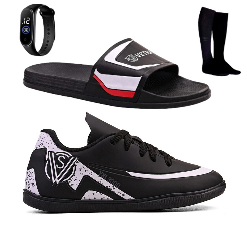 Kit Chuteira Indoor Quadra Infantil + Chinelo Slide Meninos + Relógio e Meião