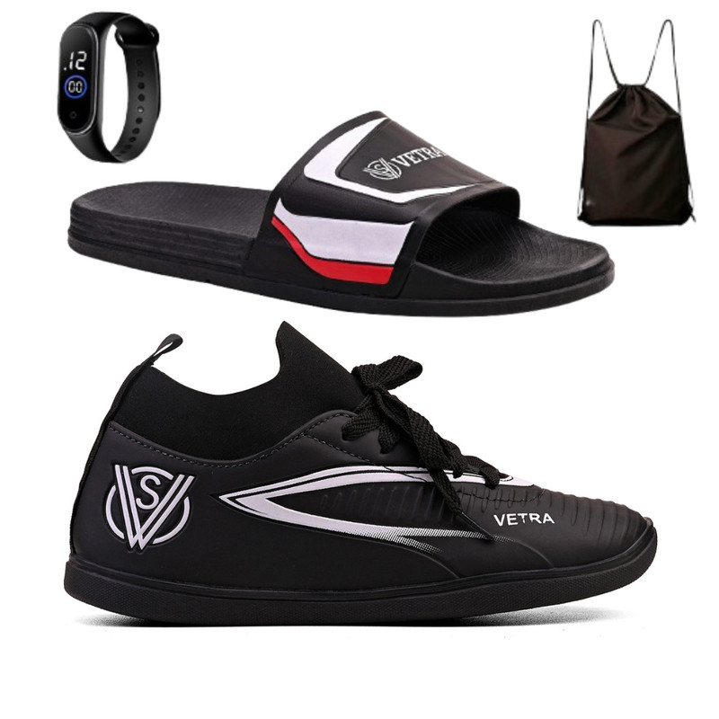 Kit Futebol de Salão para Crianças com Chuteira Confortável + Chinelo Slide Macio + Mochila e Relógio
