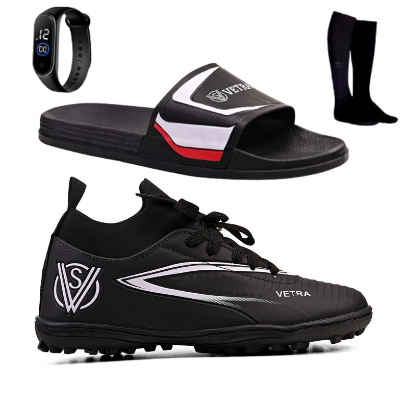 Kit Chuteira Infantil Society + Chinelo Slide Conforto + Relógio e Meião