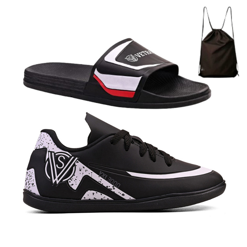 Kit Chuteira Infantil para Futebol de Quadra + Chinelo Slide Meninos + Mochila