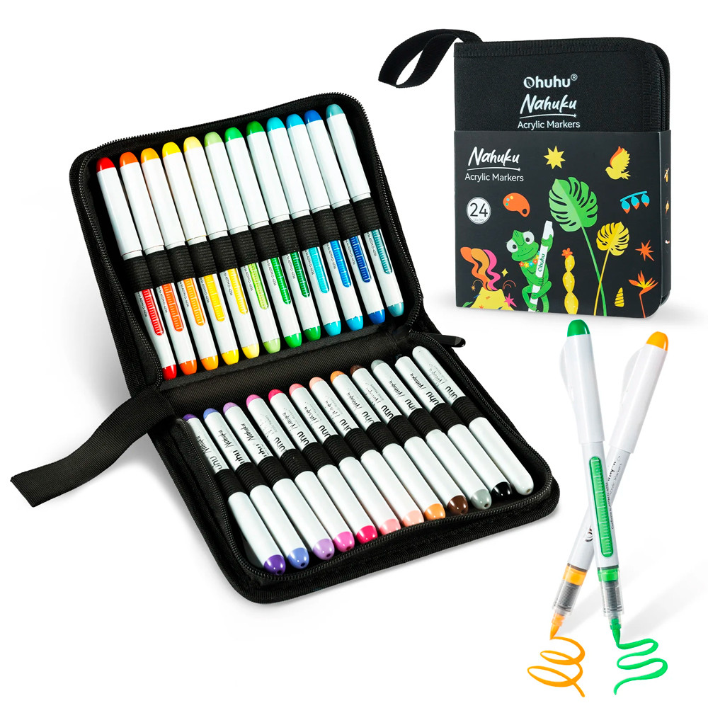 Ohuhu Canetas Acrílicas 24 Cores Ponta Pincel 1.5mm Arte em Oferta na Shopee