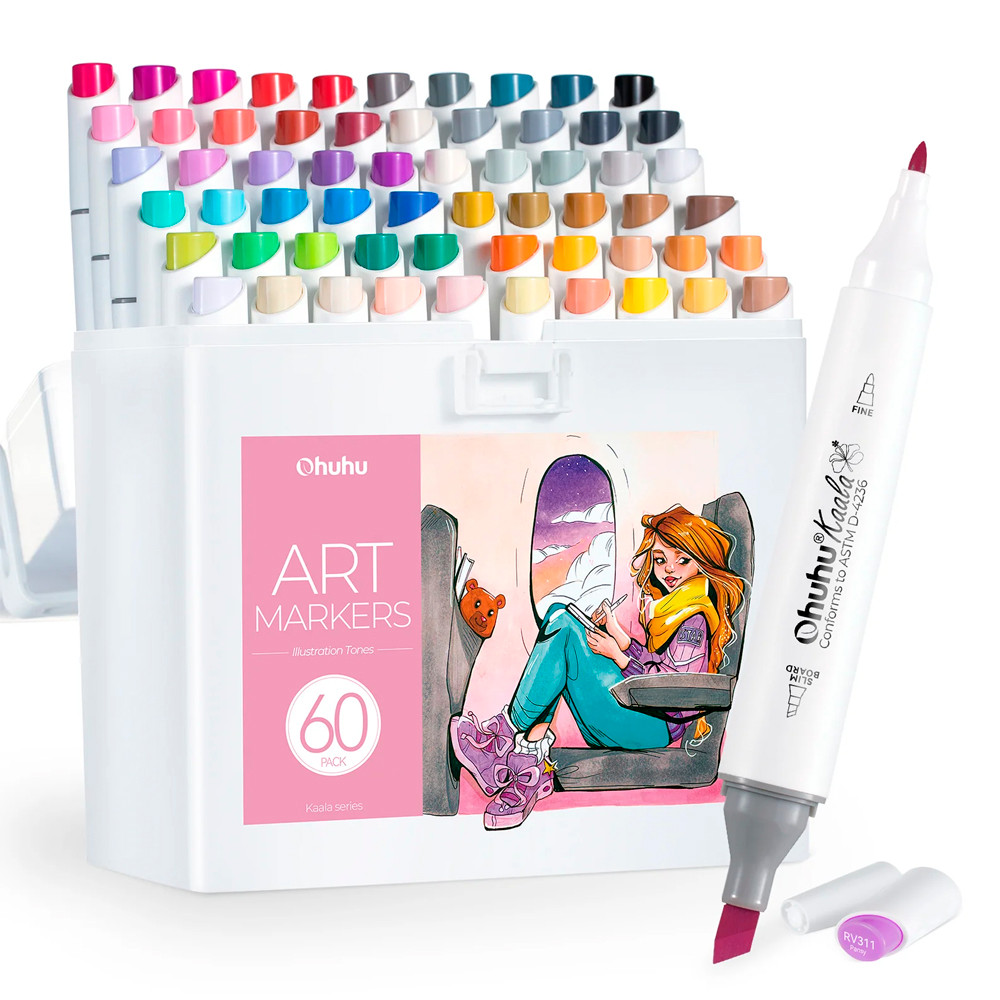 Ohuhu Kaala 60 Cores Marcadores Álcool Ponta Dupla Arte