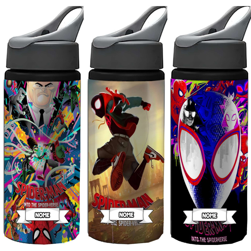 Garrafa Squeeze Homem-Aranha No Aranhaverso Alumínio Personalizada Com Nome Garrafinha