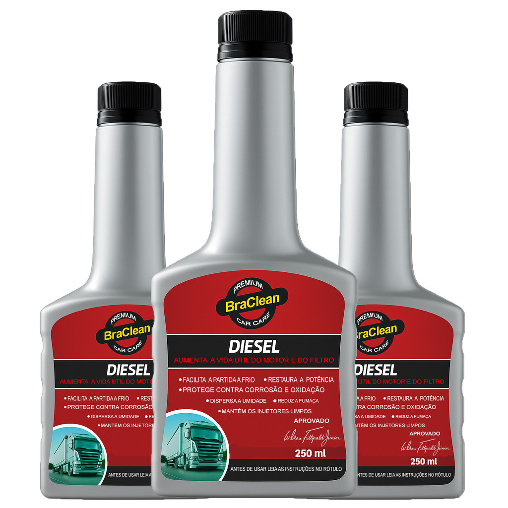 Melhor Kit 3 Aditivo Diesel 250ml tratamento do combustível para uso periódico BraClean em Oferta na Shopee