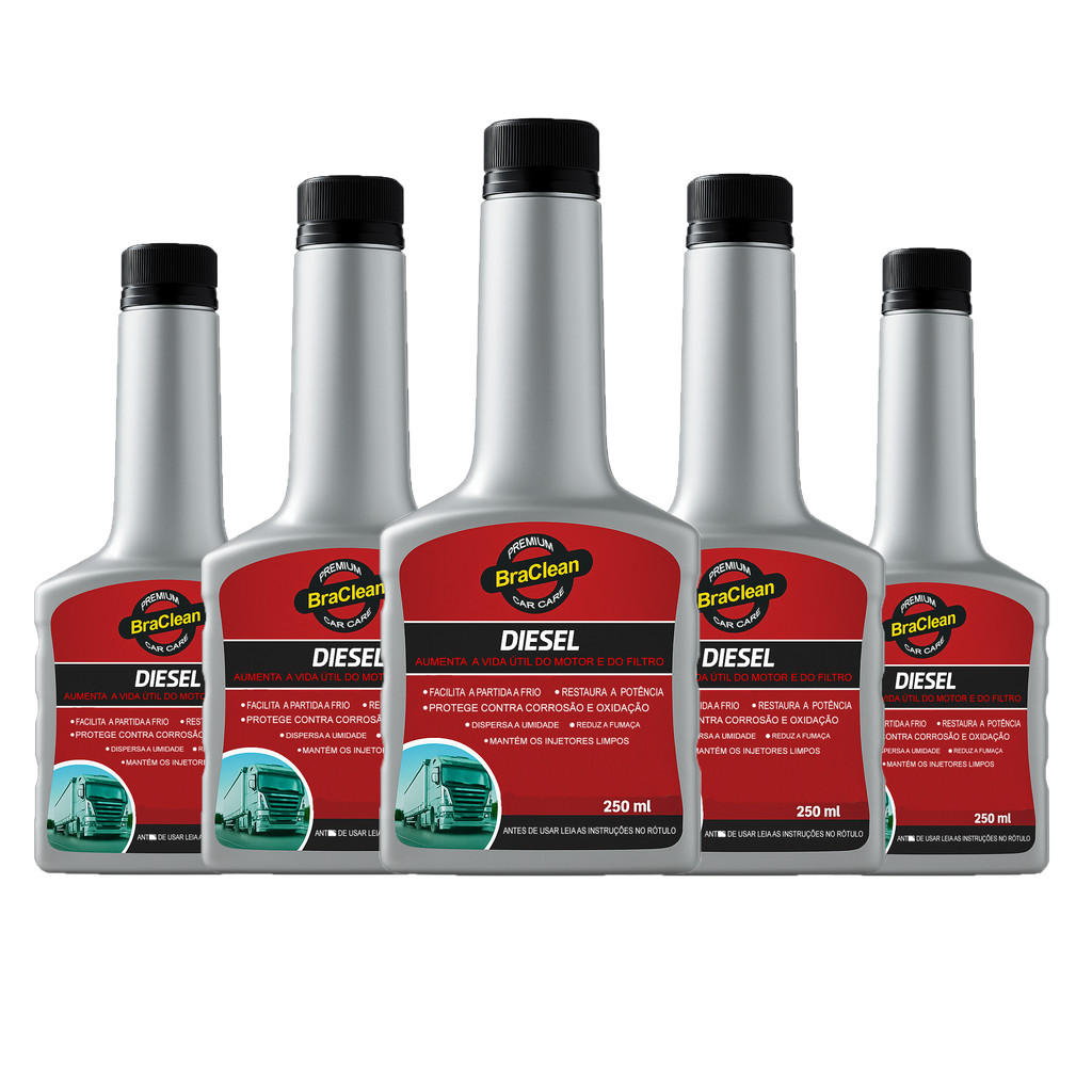 Melhor Kit 5 Aditivo Combustivel Diesel 250ml limpeza via tanque de bicos e sistema BraClean em Oferta na Shopee