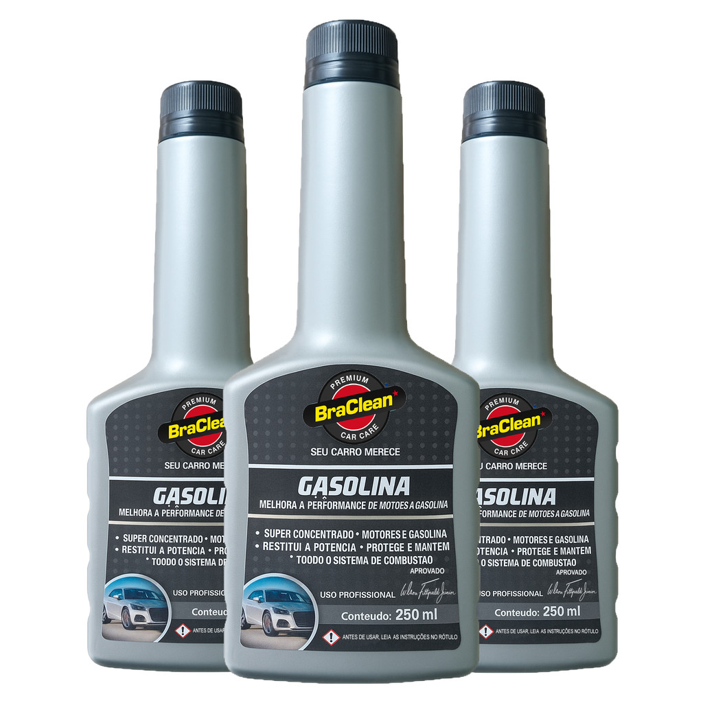 Melhor Kit 3 Aditivo Combustivel Gasolina 250ml limpeza de bicos e sistema via tanque BraClean em Oferta na Shopee