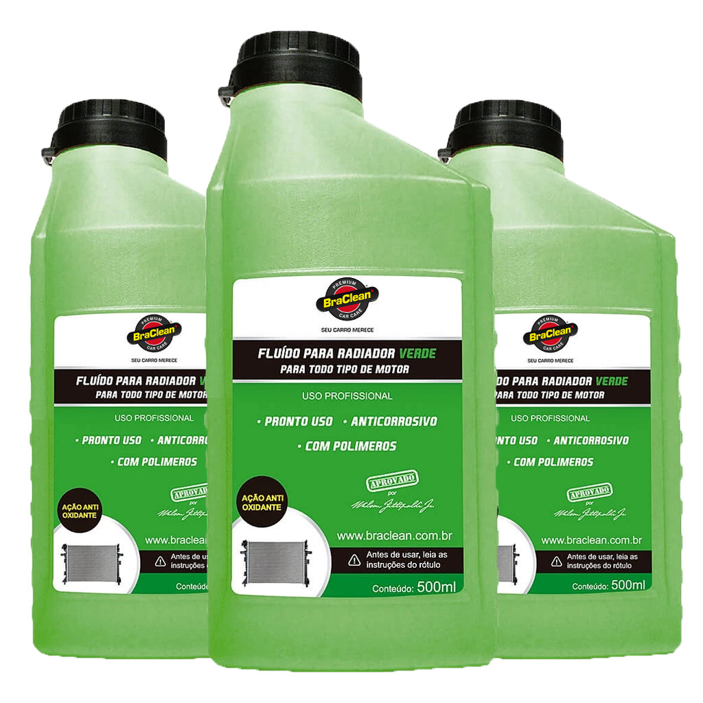 Melhor Kit 3 Fluido Radiador Pronto Uso 500ml Verde para sistema de arrefecimento veicular BraClean