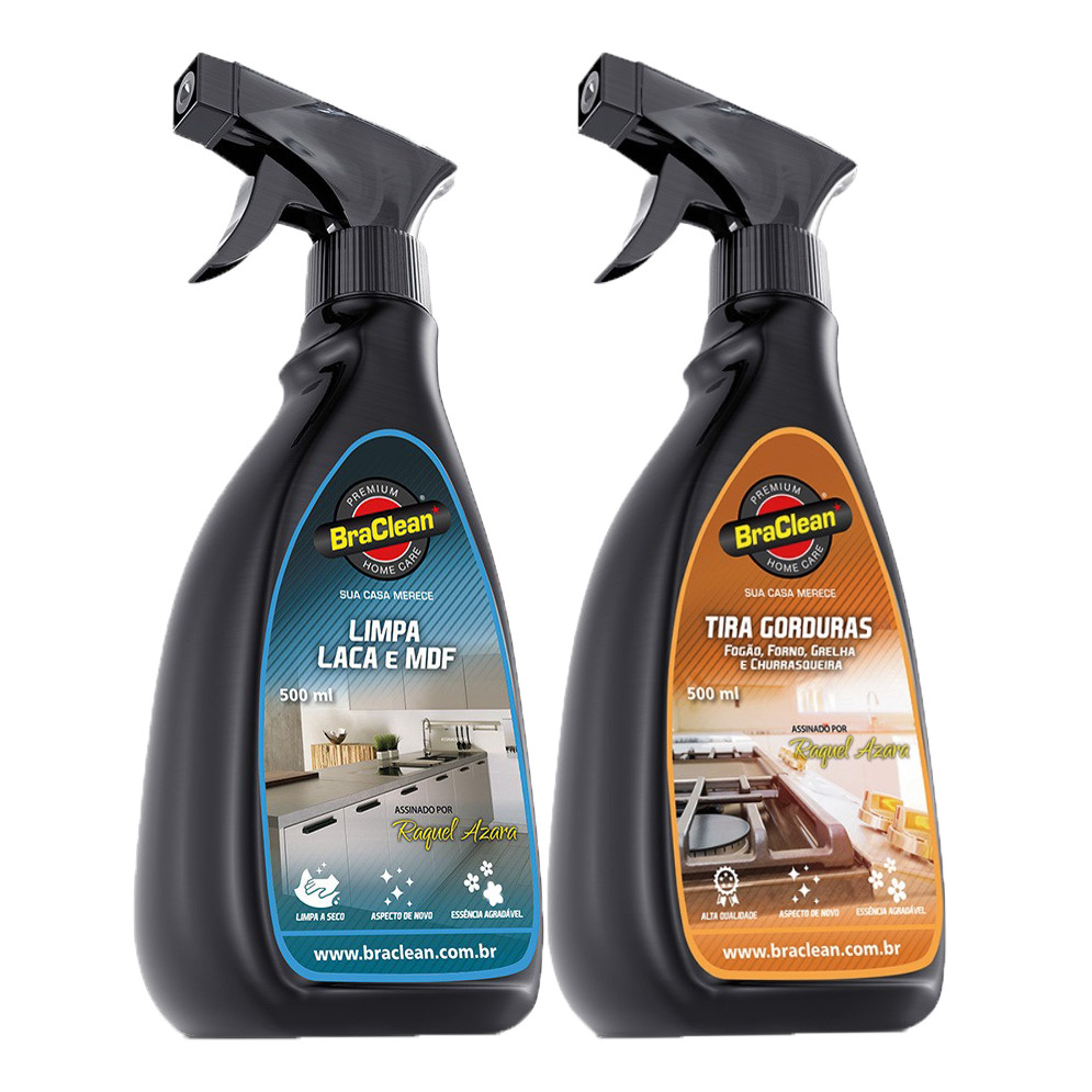 Melhor Kit Limpa Laca e MDF 500ml e Tira Gorduras 500ml para móveis e cozinha diária BraClean em Oferta na Shopee