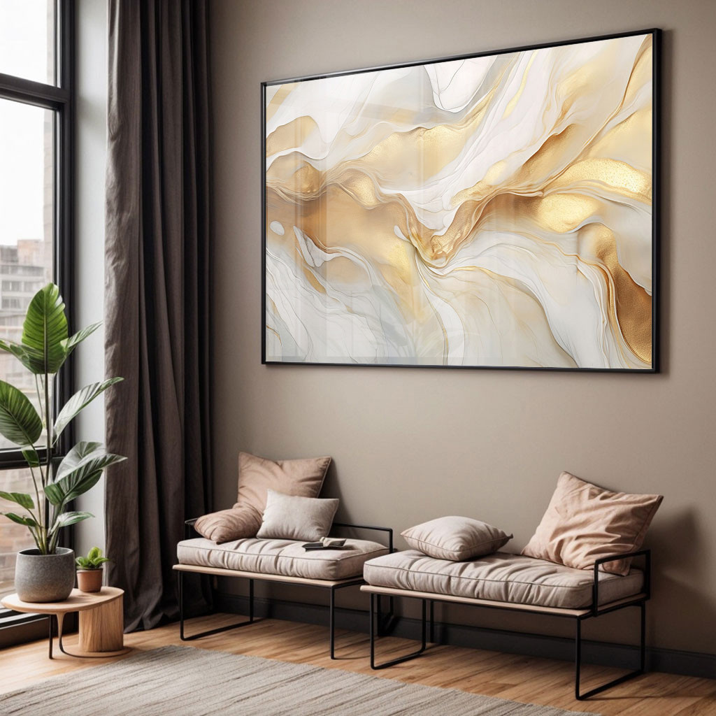 Quadro com Moldura e Acrilico Cristal Vidro Sala Quarto Abstrato Dourado Branco Mármore  Decorativo Horizontal em Oferta na Shopee