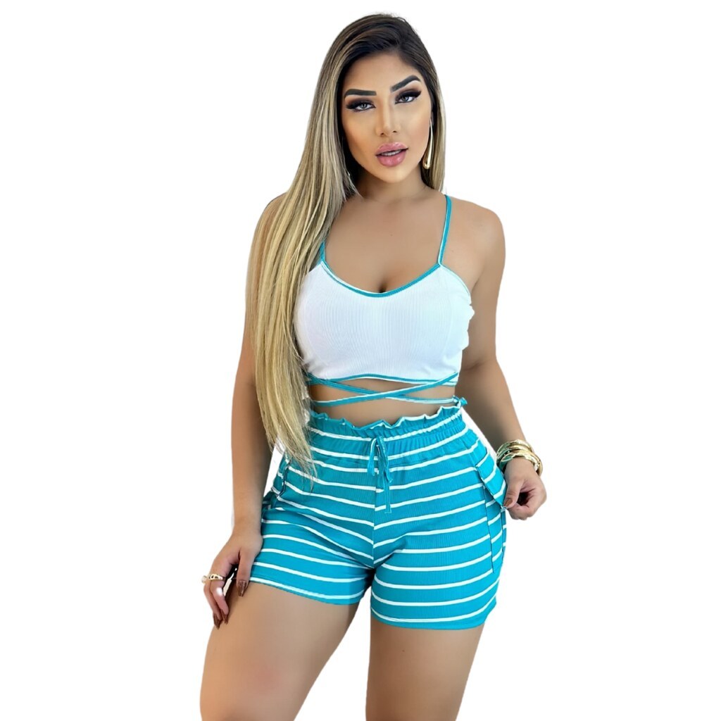 Conjunto Feminino Top e Short Cintura Alta Listrado Azul Ajustável Modela o Corpo, Umbrella Store