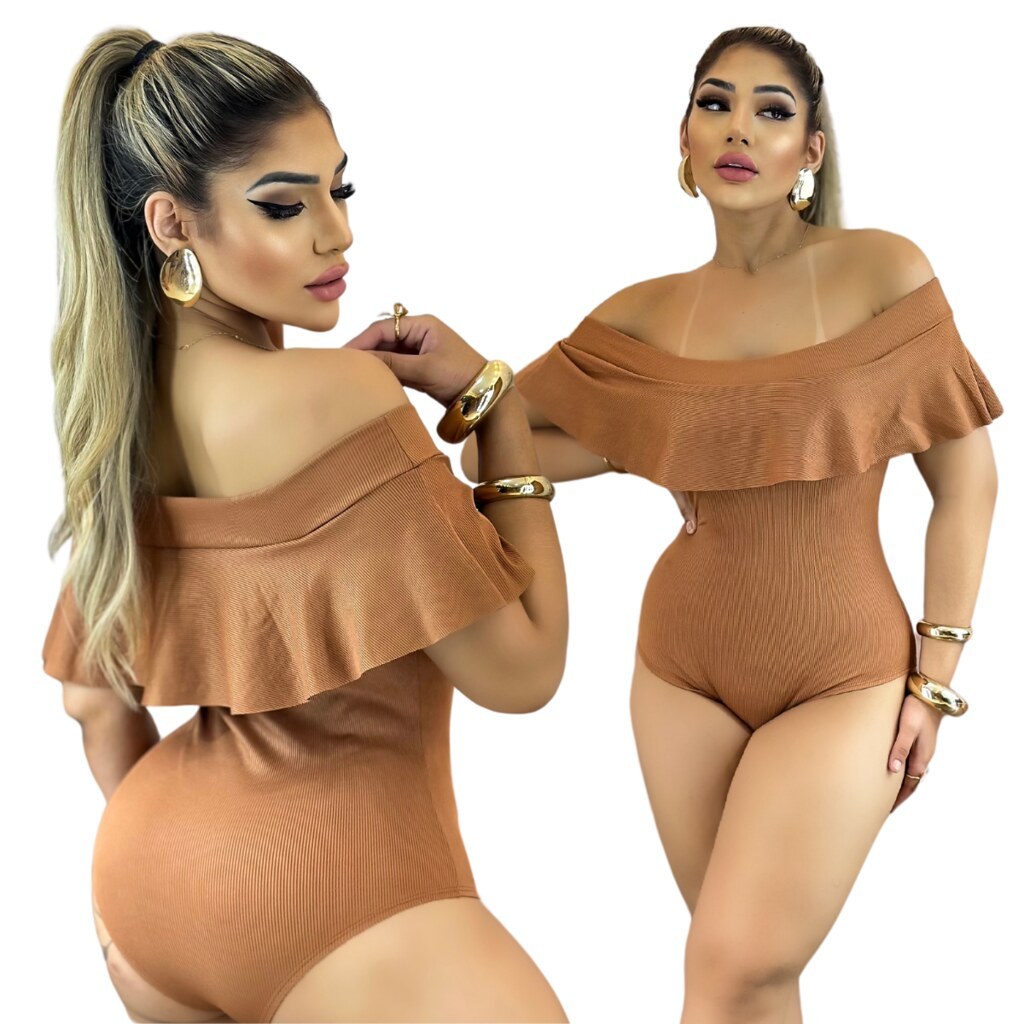 Body Feminino Malha Ribana Caramelo Ciganinha Ombro a ombro, Juju Modas