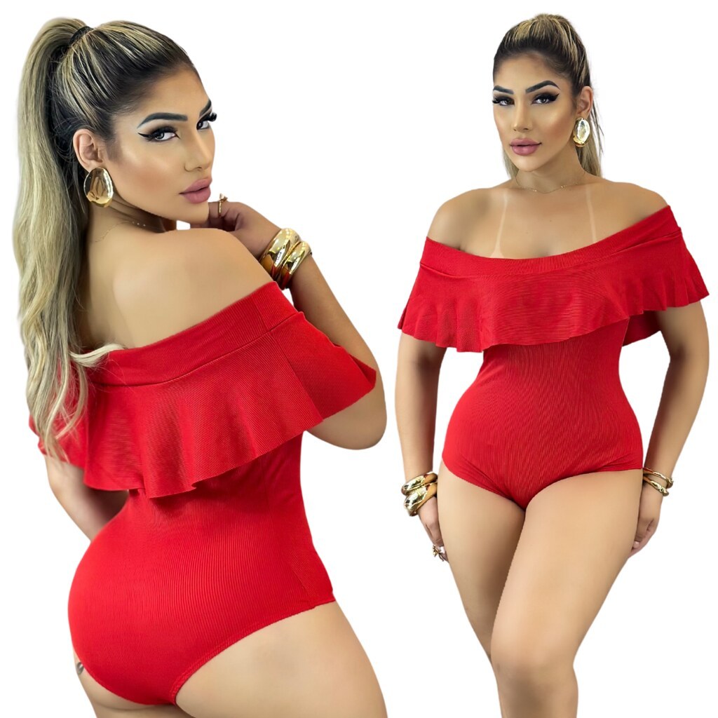 Body Feminino Malha Ribana Vermelho Ciganinha Ombro a ombro, Juju Modas