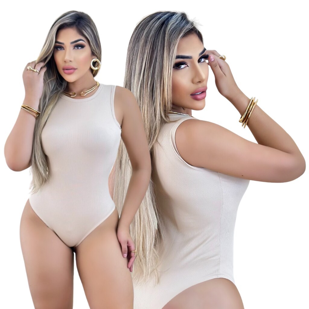 Body Feminino Malha Ribana Bege Regata Lisa, Juju Modas