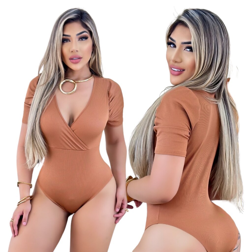 Body Feminino Malha Ribana Marrom Decote em V, Juju Modas