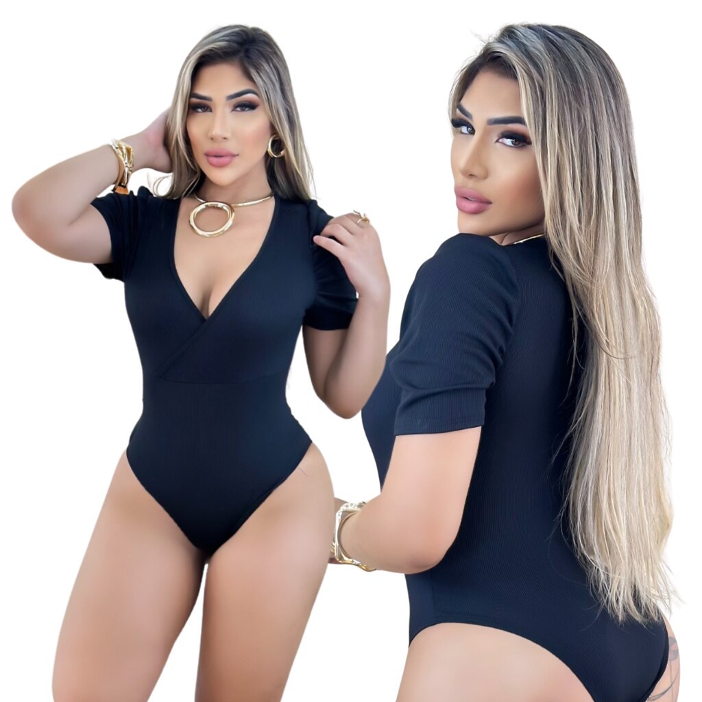Body Feminino Malha Ribana Preto Decote em V, Juju Modas