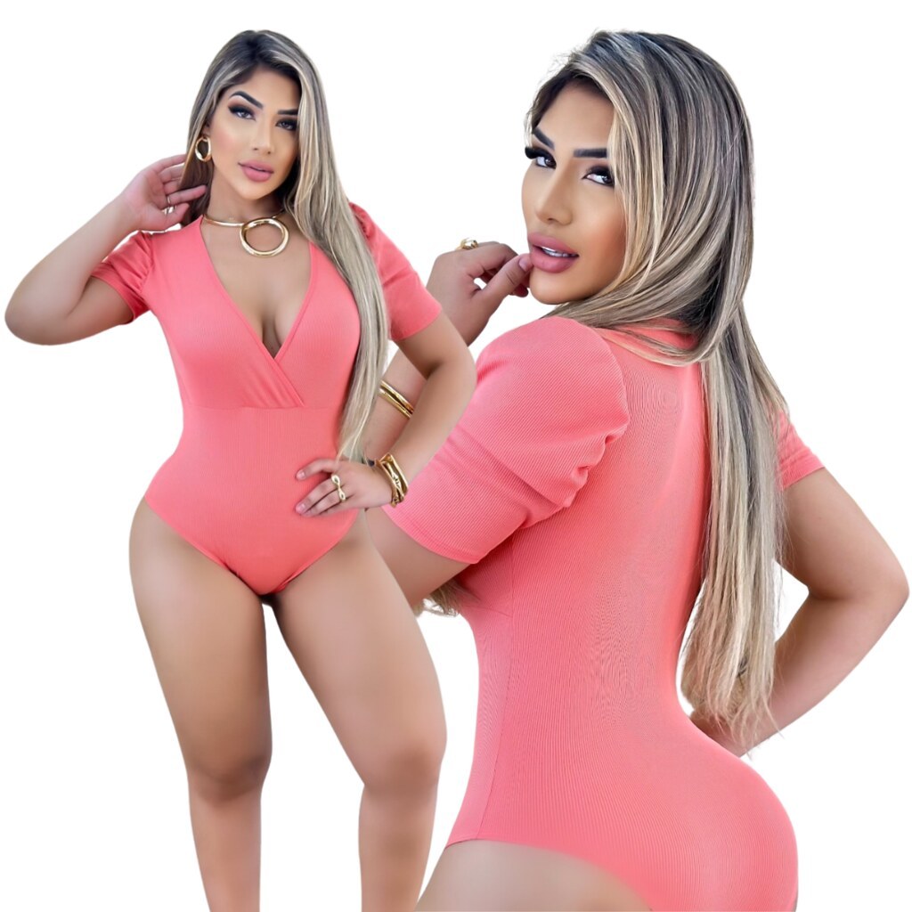 Body Feminino Malha Ribana Salmão Decote em V, Juju Modas