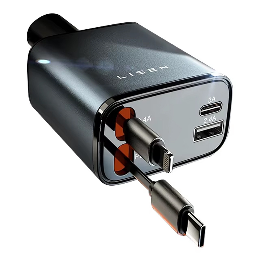Carregador de Carro Lisen 69W Usb C/A/Ios Cabos Retrátil em Oferta na Shopee